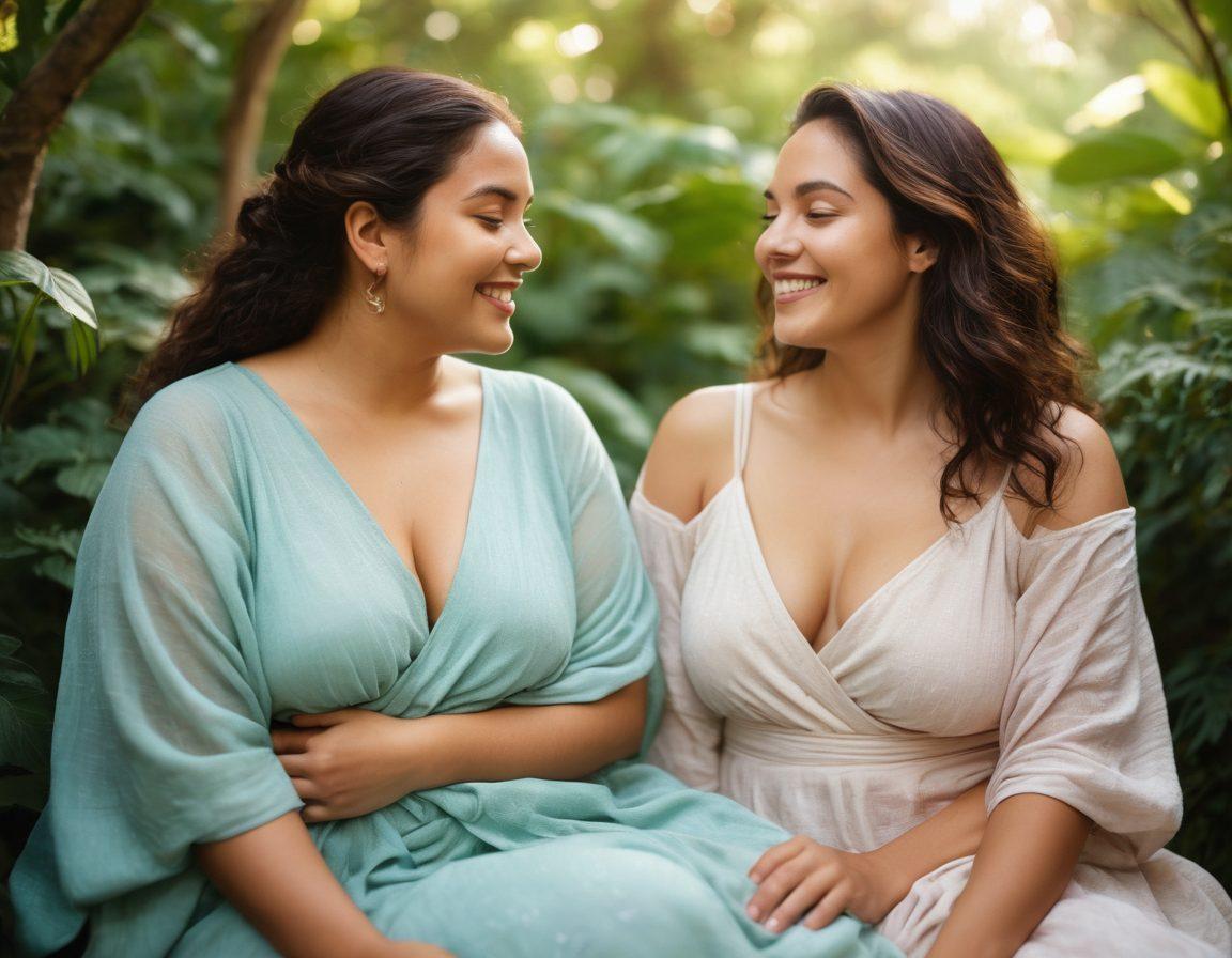 A captivating scene of two diverse individuals engaged in an intimate and expressive conversation, surrounded by lush greenery to symbolize body positivity. Emphasize their confident poses and radiant smiles, with soft, warm lighting to enhance the sensual atmosphere. Incorporate elements like flowing fabrics or soft textures to evoke a sense of comfort and openness in discussing desire and pleasure. Art style: soft-focus photography with vibrant colors and a dreamlike quality.