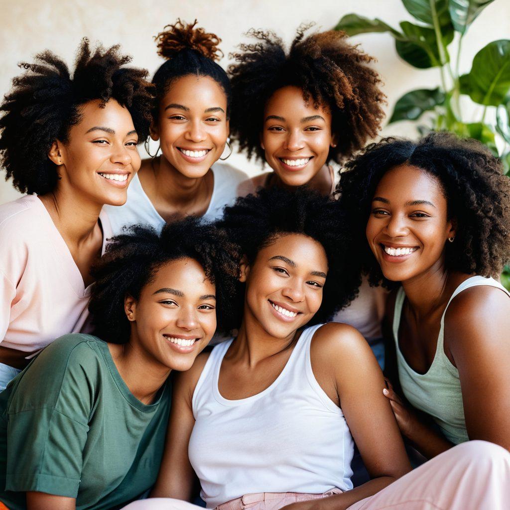 A group of diverse women of all shapes and sizes joyfully embracing each other in a sunlit space, surrounded by soft pastel colors. Incorporate lush plants and cozy textiles to create an intimate and welcoming atmosphere. Capture their laughter and body language that reflects empowerment and celebration of self-love. Emphasize the beauty of each individual with close-up shots of skin, smiles, and expressions of joy. vibrant colors. soft focus. warm tones.